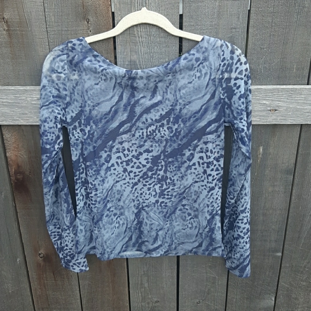 RW&CO. Blue Animal Print Mesh Long Sleeves Blouse Size M Whimsigoth Fairy Grunge